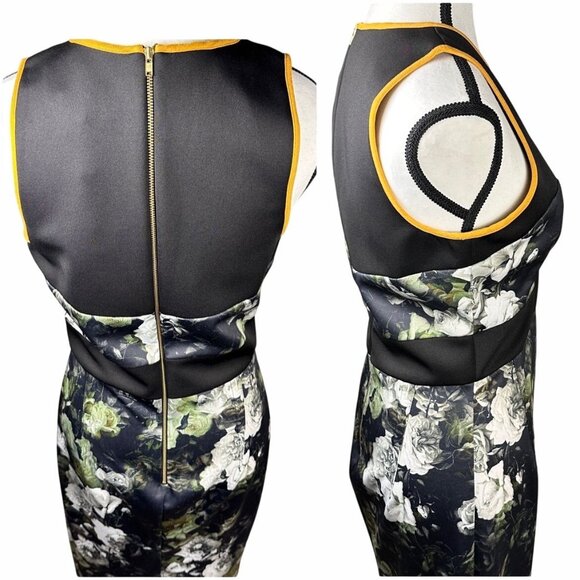 ABS by Allen Schwartz Floral Midi Dress Sz M Black Green Cocktail Bodycon NWT - Picture 7 of 10